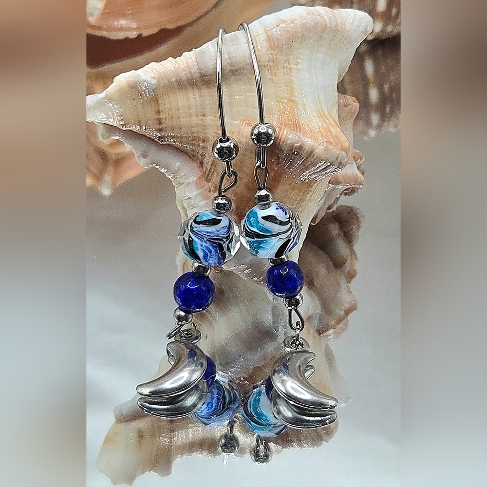 Artisan Blue and Silver Crescent Earrings